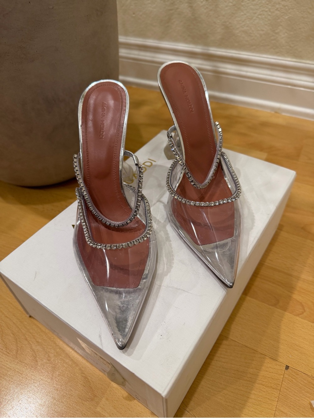 Amina Muaddi Silver Crystal-Trim Pointed PVC Mule
